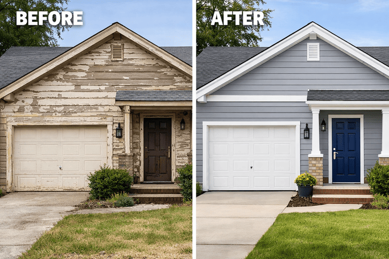 Exterior home transformation comparison