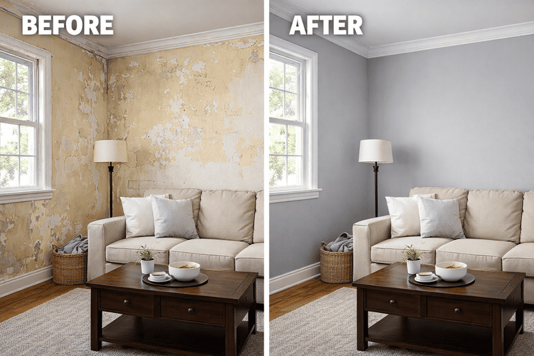 Interior living room transformation comparison